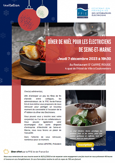 Invitation au prochain dîner des électriciens le 7 décembre 2023 au restaurant O'Carré Rouge à Coulommiers